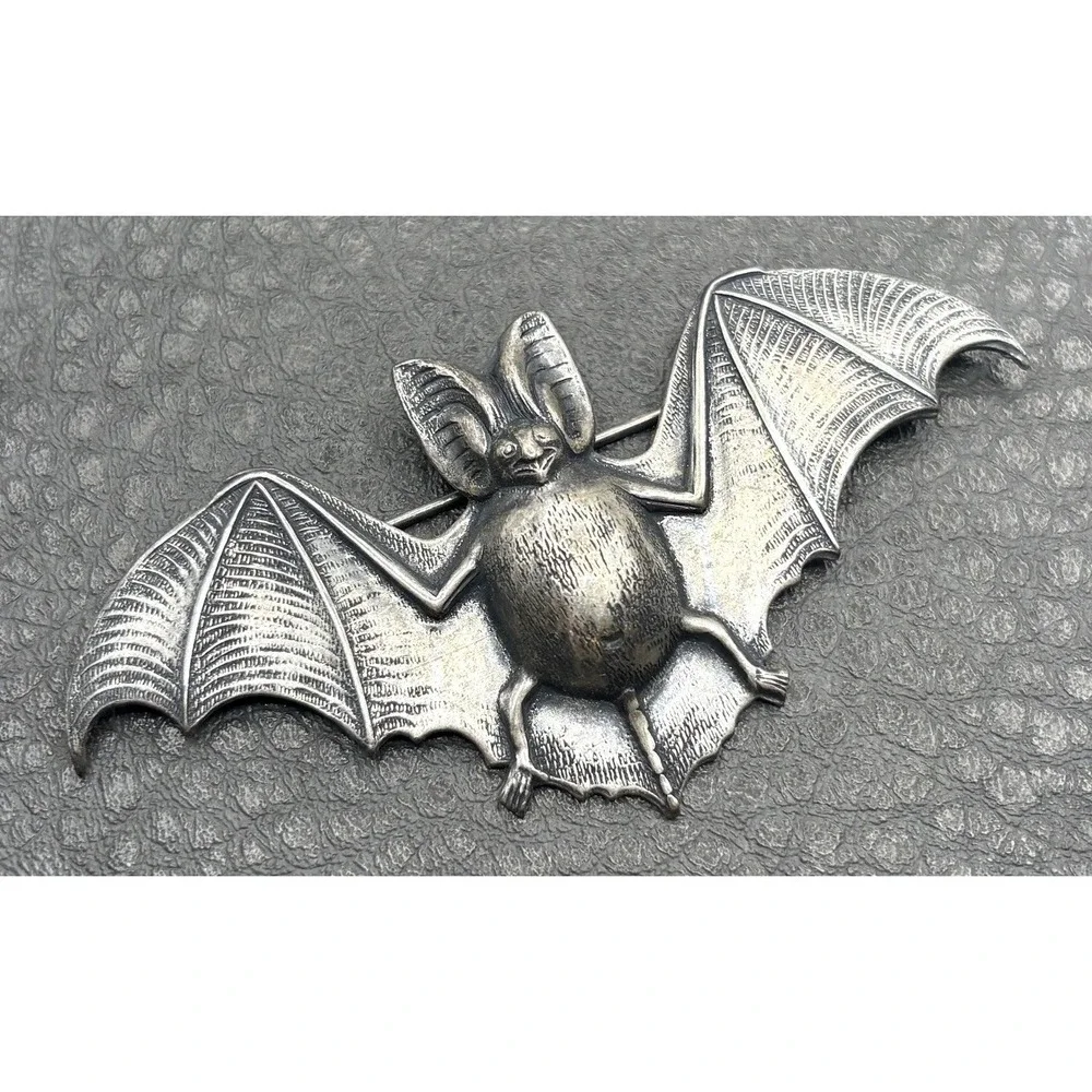 Vintage Bat Victorian Revival Brooch Pin Repousse Silver Tone Halloween Gothic